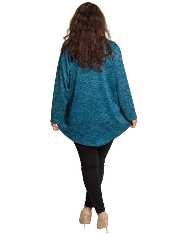 Петролена туника с яка и V-образно деколте в големи размери