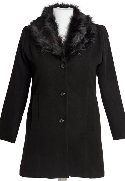 Елегантно черно палто с пухена яка от кашмир