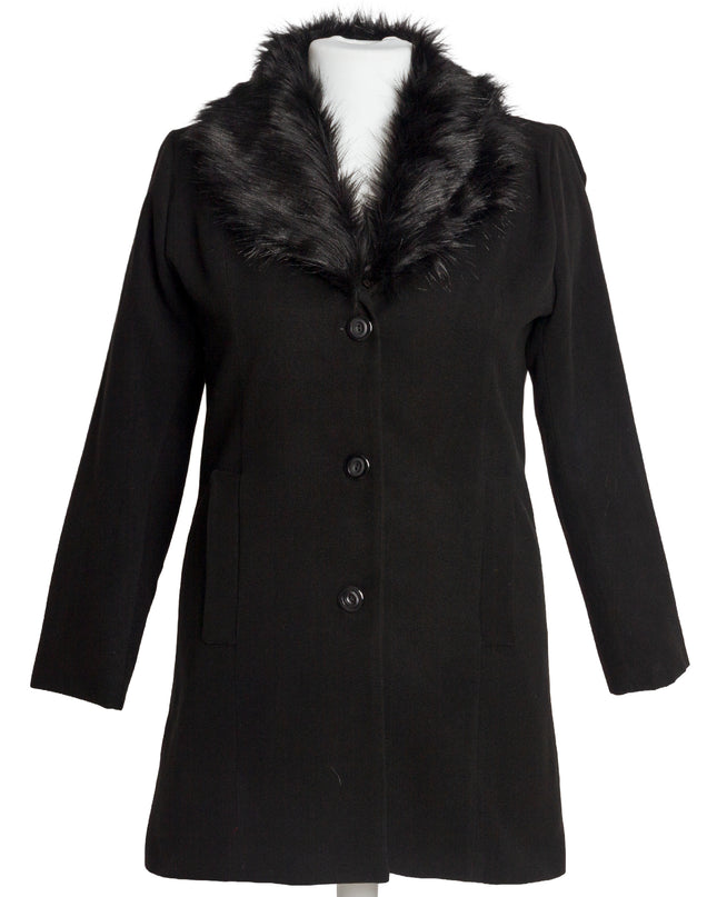 Елегантно черно палто с пухена яка от кашмир