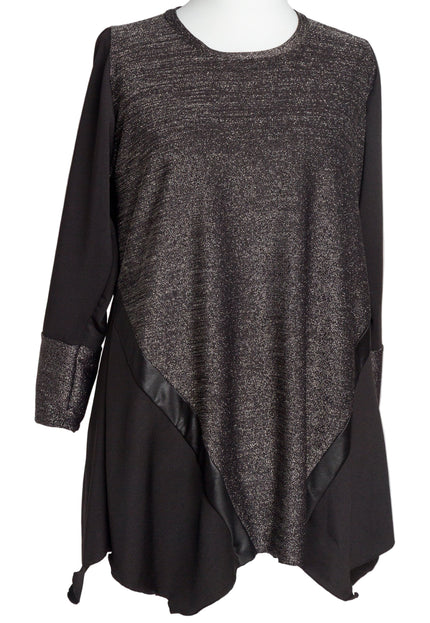 Елегантна сива разкроена туника с ламе ефект и кожени акценти