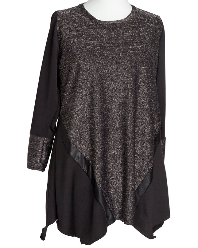 Елегантна сива разкроена туника с ламе ефект и кожени акценти