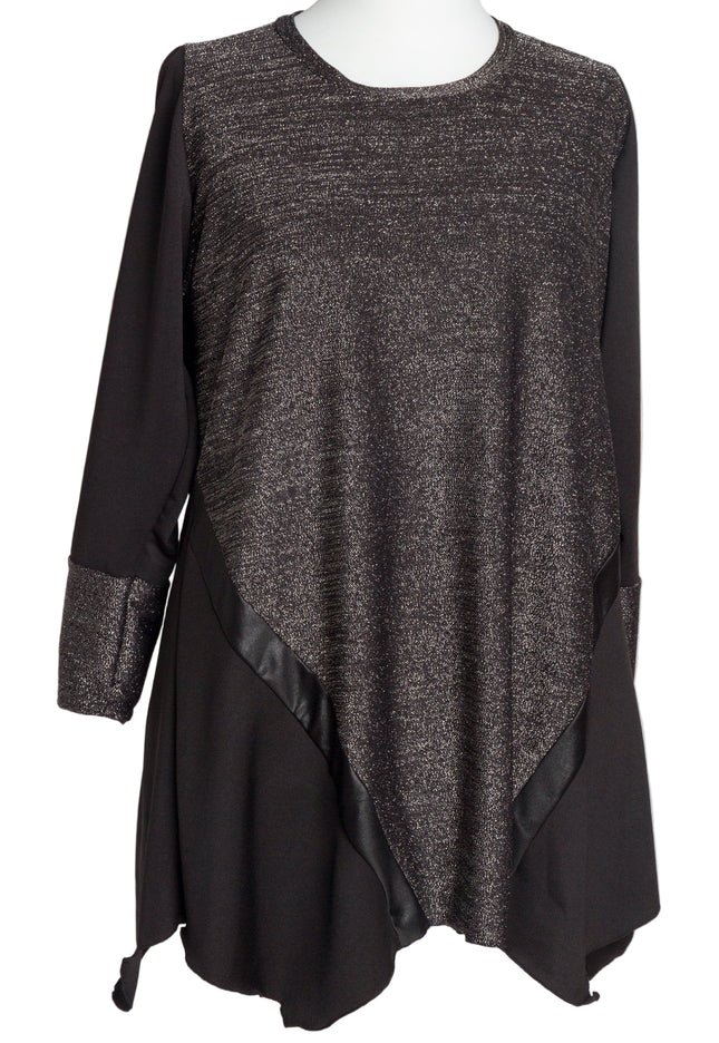 Елегантна сива разкроена туника с ламе ефект и кожени акценти