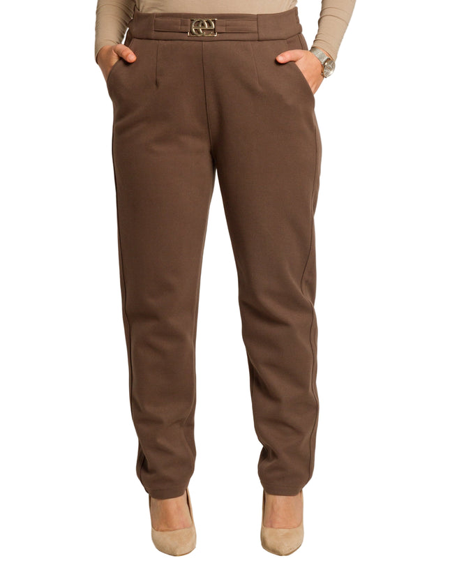 Дамски кафяв панталон с висока талия и елегантен колан
