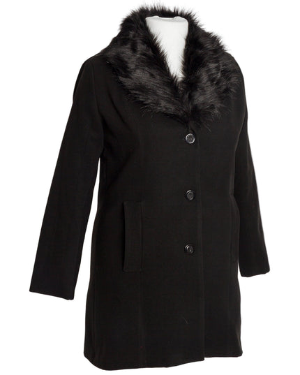 Елегантно черно палто с пухена яка от кашмир