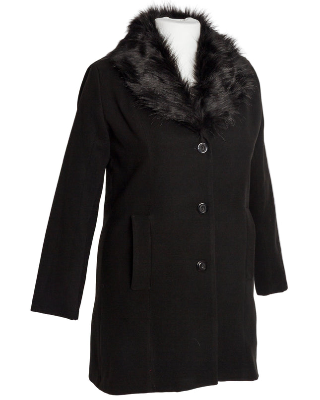 Елегантно черно палто с пухена яка от кашмир