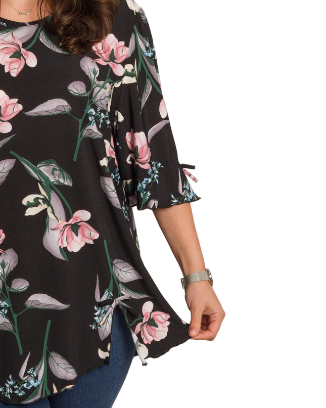 4XL -5XL Черна макси туника с флорален принт и разкроена кройка
