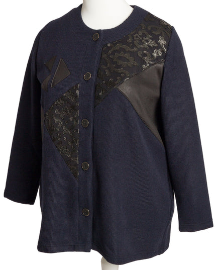 Тъмносин жакет с декоративни апликации в големи размери