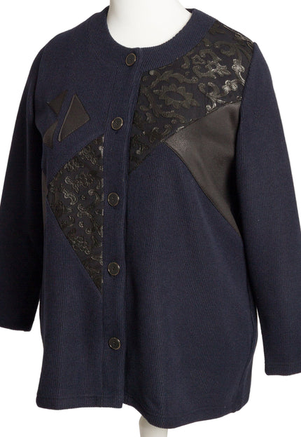 Тъмносин жакет с декоративни апликации в големи размери