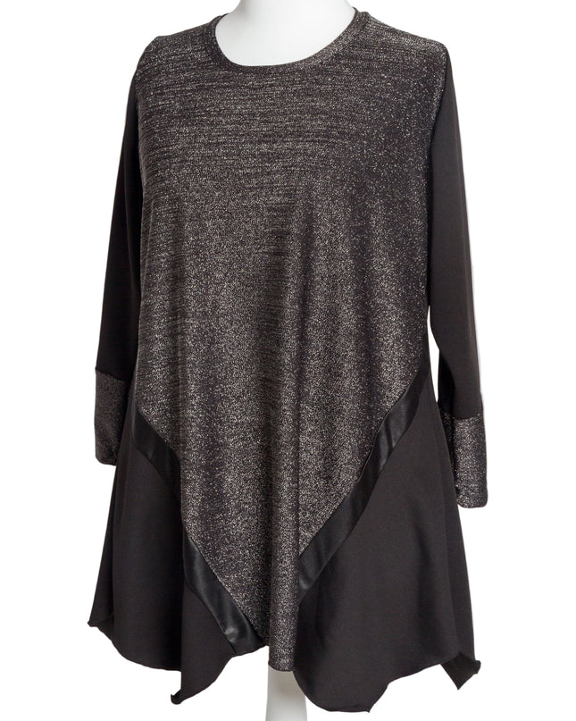 Елегантна сива разкроена туника с ламе ефект и кожени акценти