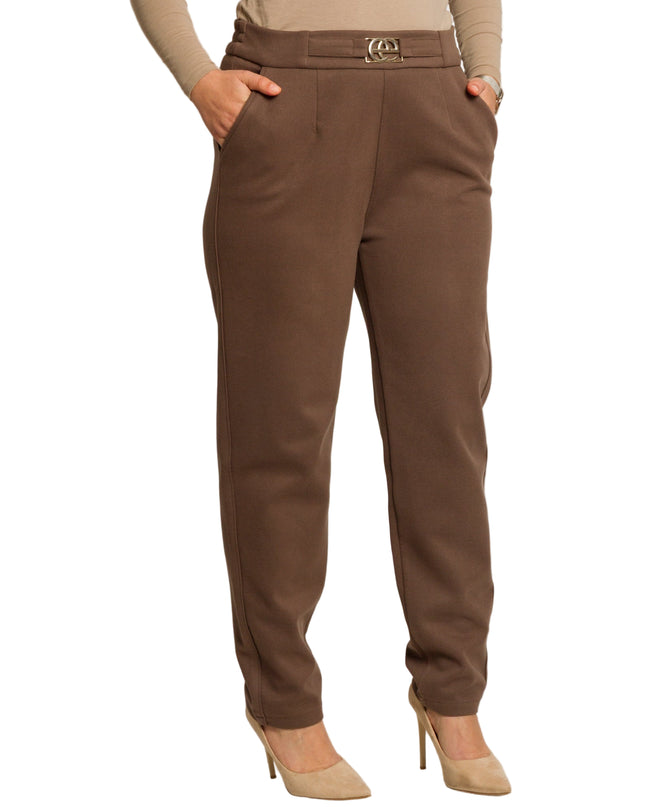 Дамски кафяв панталон с висока талия и елегантен колан