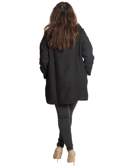 Разкроен дамски жакет с цип и джобове в черен цвят