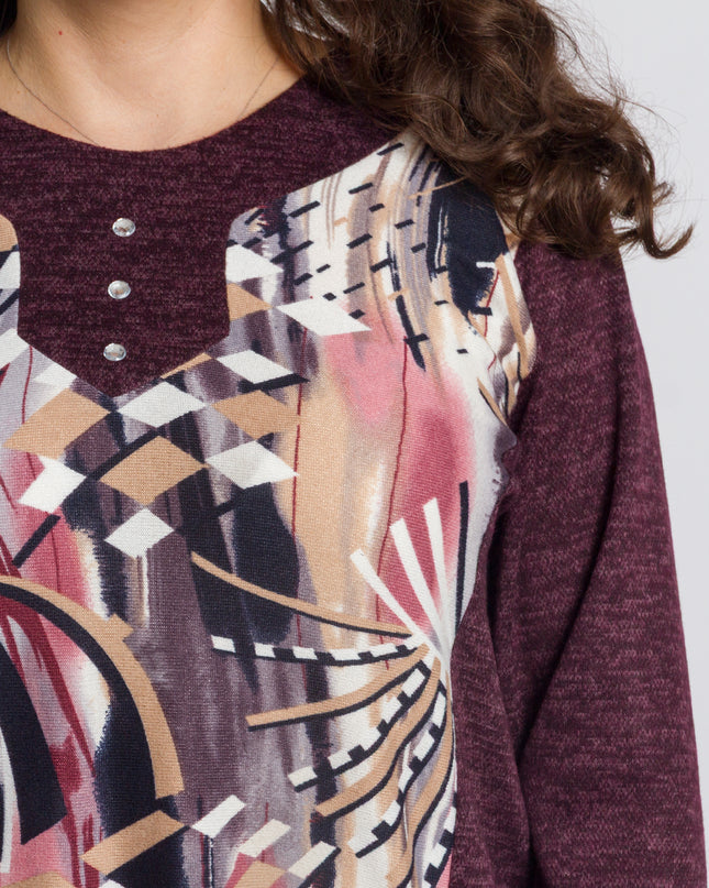 Бордо права туника с абстрактен принт и обло деколте