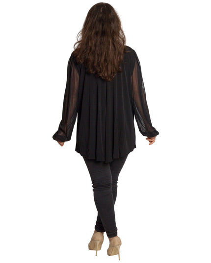 Черна разкроена туника с тюл ръкави и блестяща апликация
