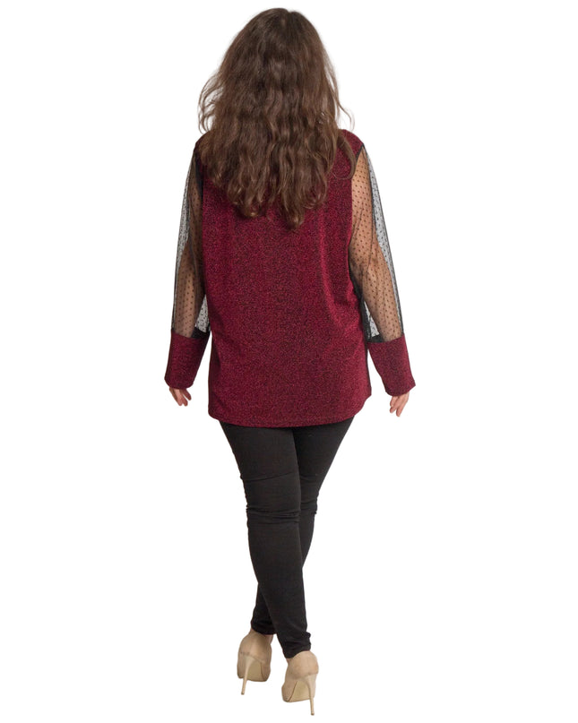 Блестяща бордо туника с тюл на точки в големи размери