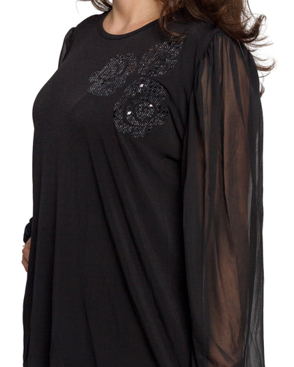 Черна разкроена туника с тюл ръкави и блестяща апликация