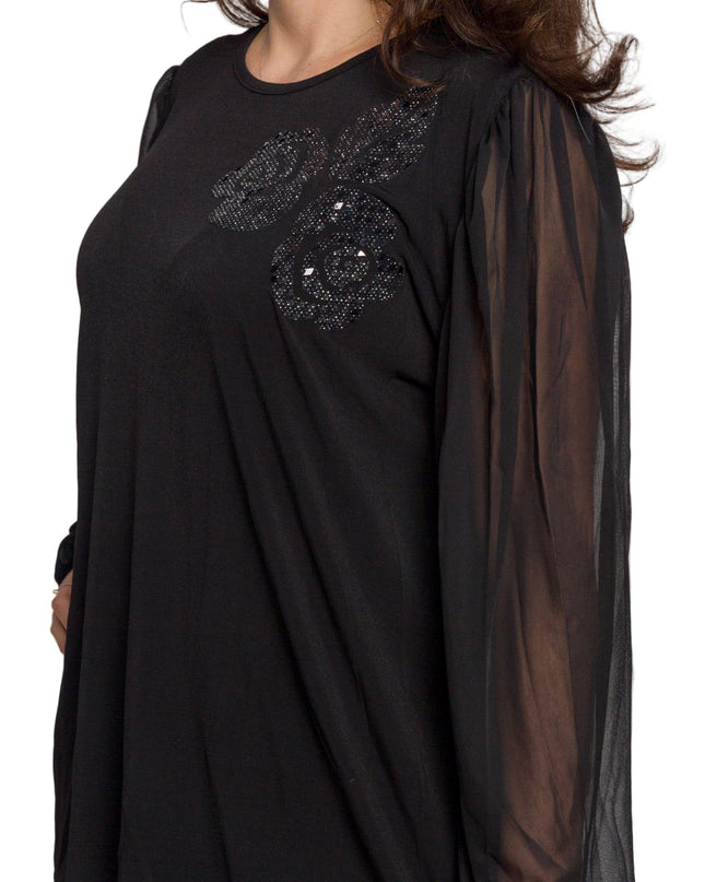 Черна разкроена туника с тюл ръкави и блестяща апликация