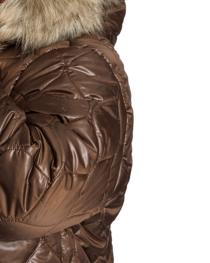 Кафяво дамско яке в големи размери с пухена качулка