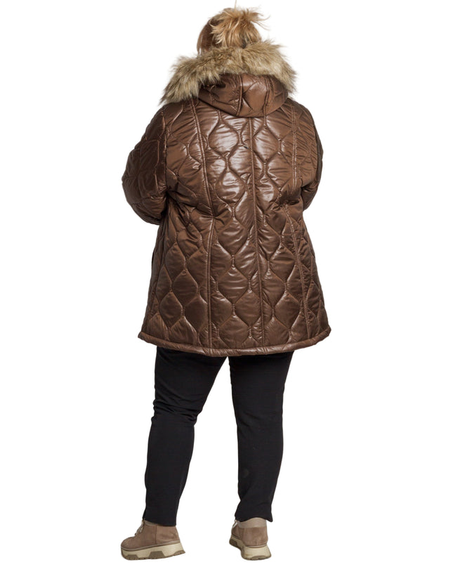 Кафяво дамско яке в големи размери с пухена качулка
