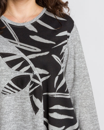 Сива разкроена туника с флорални мотиви в големи размери