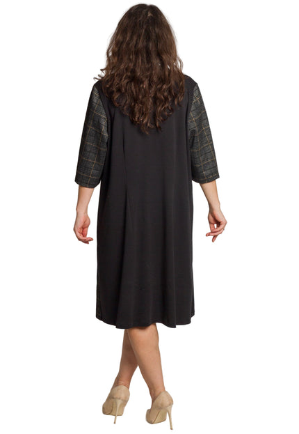 5XL-6XL Официална тъмносива рокля с каре и декоративни копчета