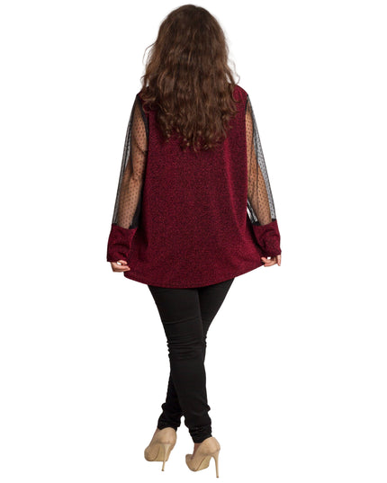 Блестяща бордо туника с тюл на точки в големи размери