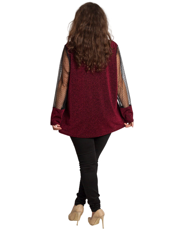 Блестяща бордо туника с тюл на точки в големи размери