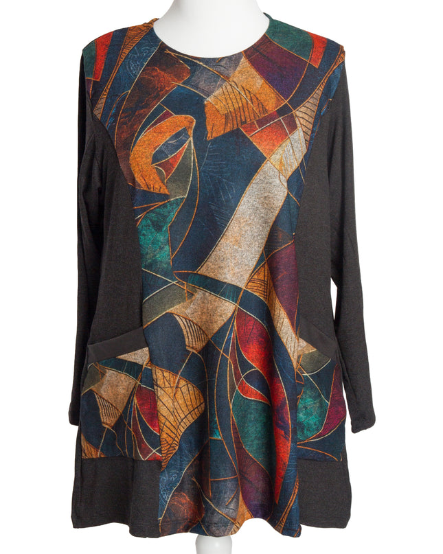 Тъмносива макси туника с геометричен мотив и джобчета