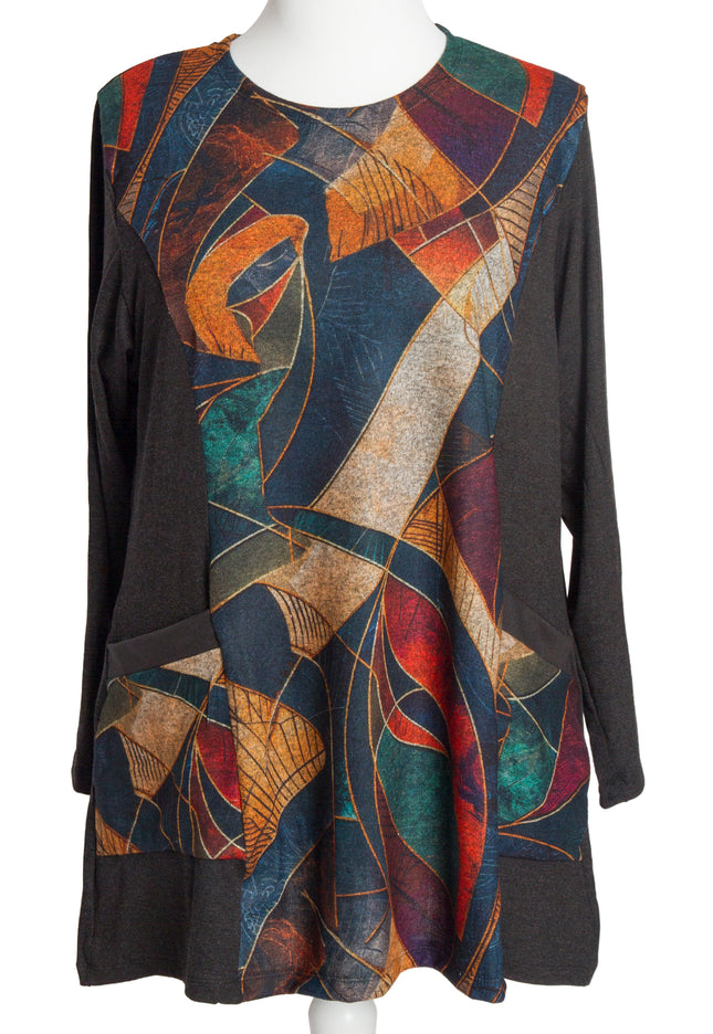 Тъмносива макси туника с геометричен мотив и джобчета