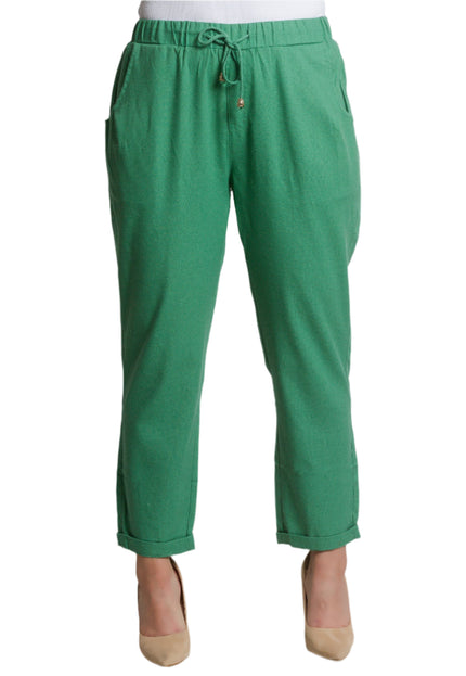 Зелен ленен панталон с джобове и връзки в големи размери