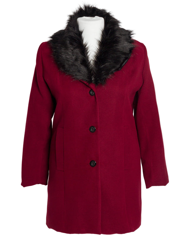 Елегантно палто в цвят бордо с пухена яка от кашмир