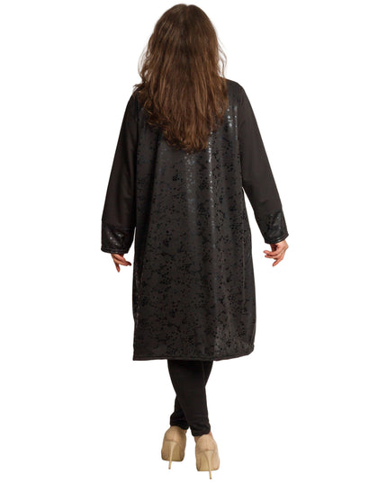 Дълго черно яке в големи размери със свободна кройка и цип