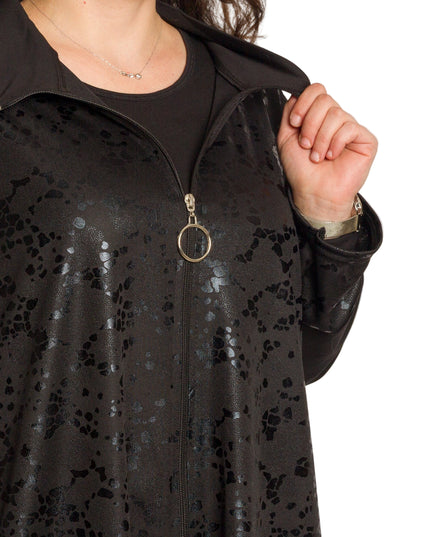 Дълго черно яке в големи размери със свободна кройка и цип