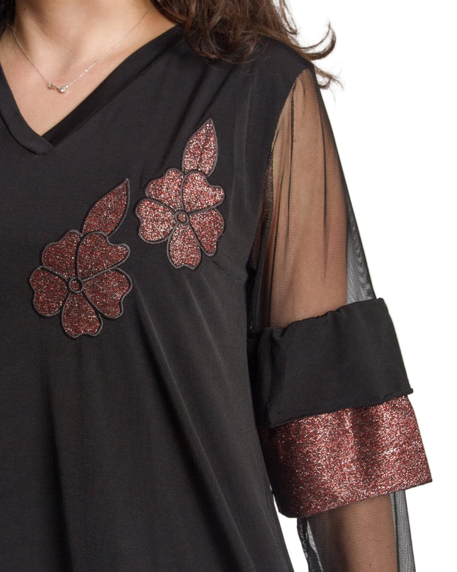 Черна официална туника с тюлени ръкави и блестящи цветя