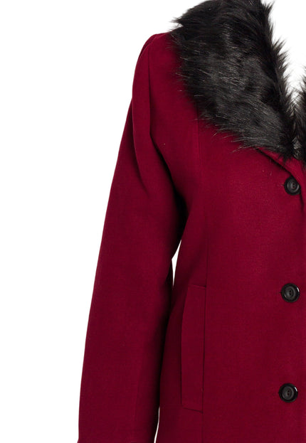 Елегантно палто в цвят бордо с пухена яка от кашмир