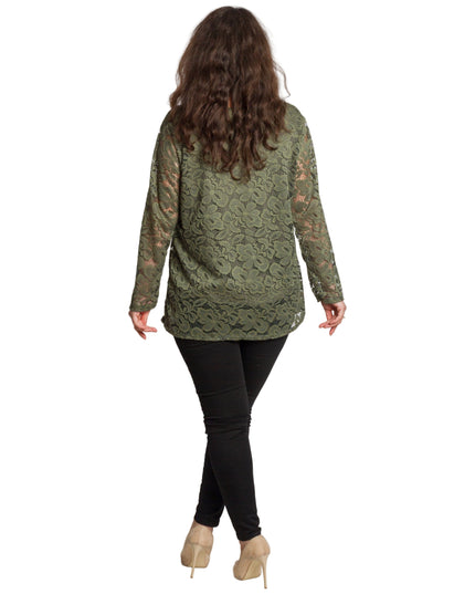 Официална макси зелена блуза с дантелени ръкави