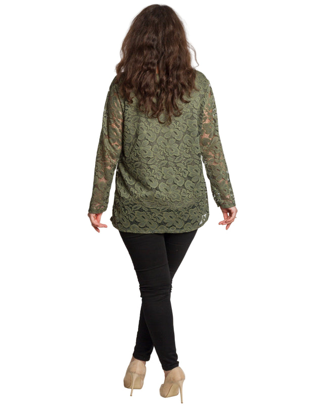 Официална макси зелена блуза с дантелени ръкави