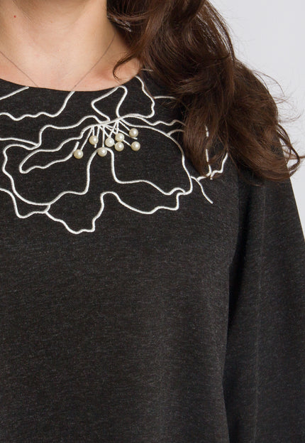 Тъмносива разкроена туника с флорална декорация в големи размери