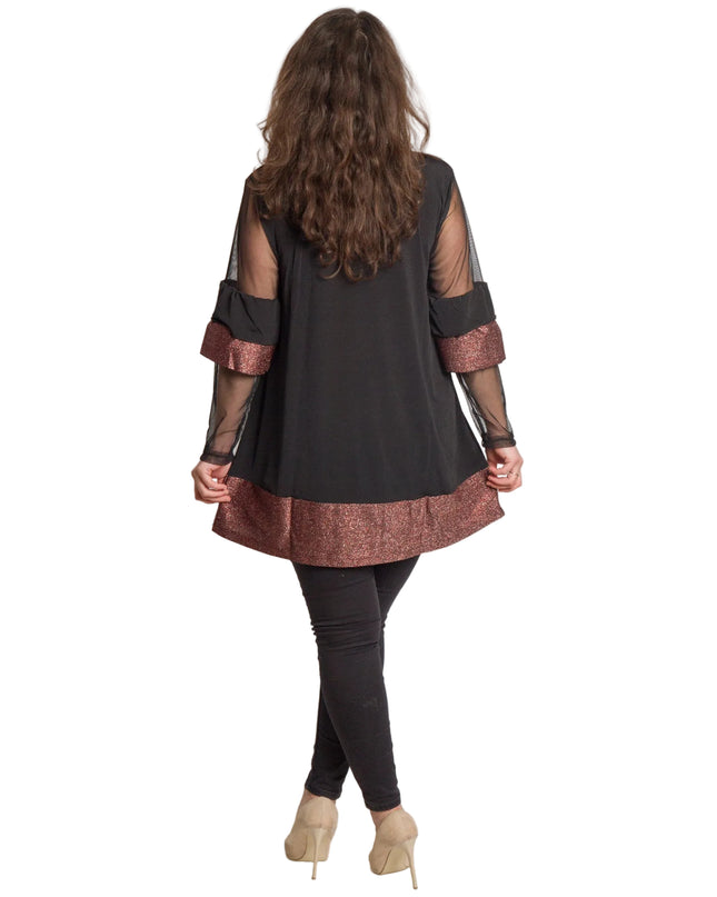 Черна официална туника с тюлени ръкави и блестящи цветя