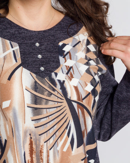 Тъмносиня туника с абстрактен принт и обло деколте