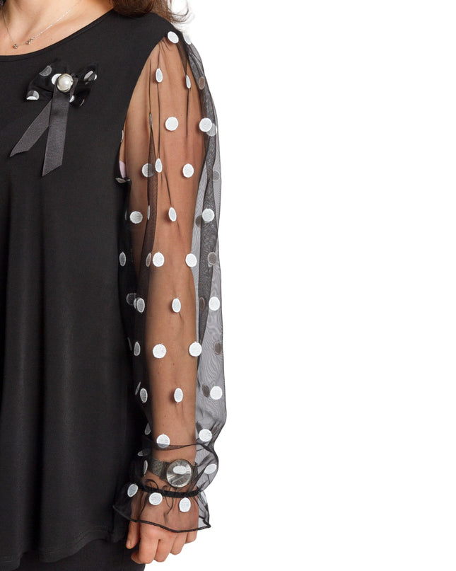 Черна разкроена официална туника с тюлени ръкави на точки