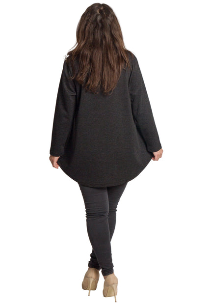 Тъмносива разкроена туника с флорална декорация в големи размери