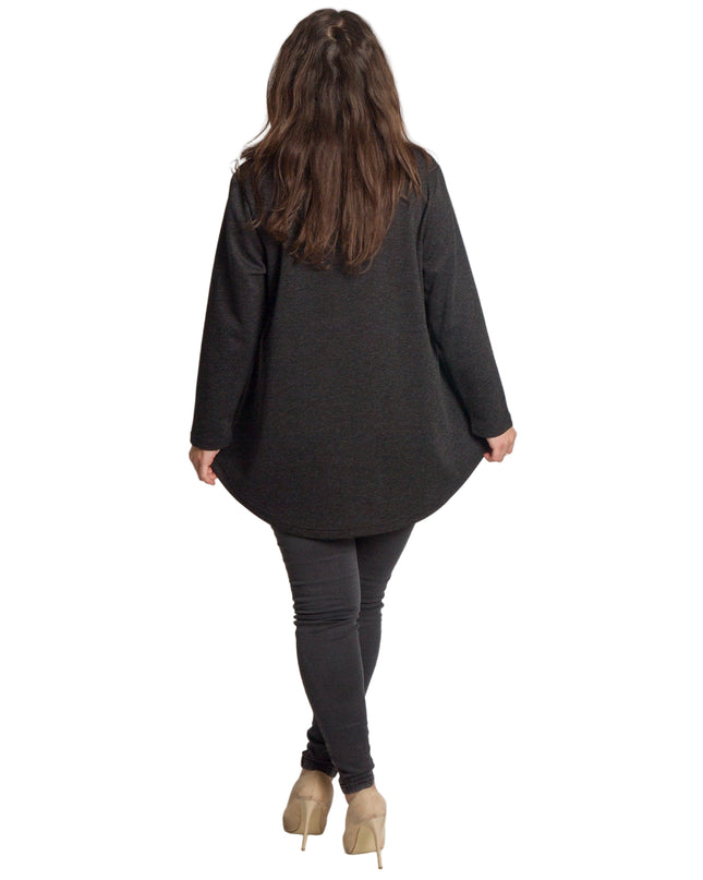 Тъмносива разкроена туника с флорална декорация в големи размери