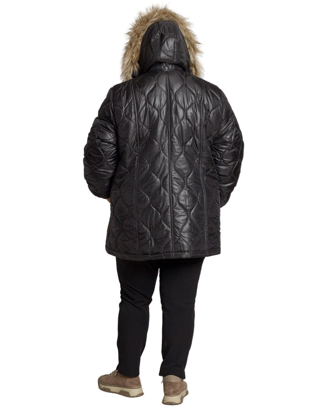 Дамско черно яке с геометричен десен в големи размери