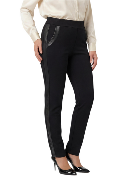 Официален черен панталон с кант от еко кожа големи размери