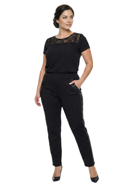 Официален черен панталон с кант от еко кожа големи размери