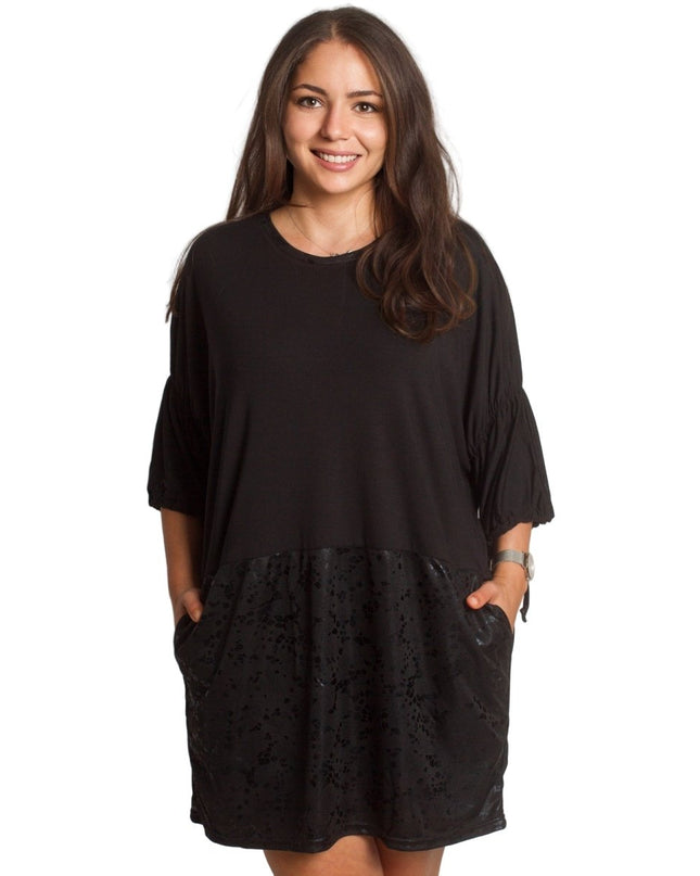 2XL,3XL,4XL,5XL Дълга черна туника тип рокля с джобове - Maxi Market