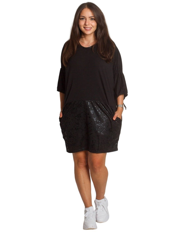 2XL,3XL,4XL,5XL Дълга черна туника тип рокля с джобове - Maxi Market