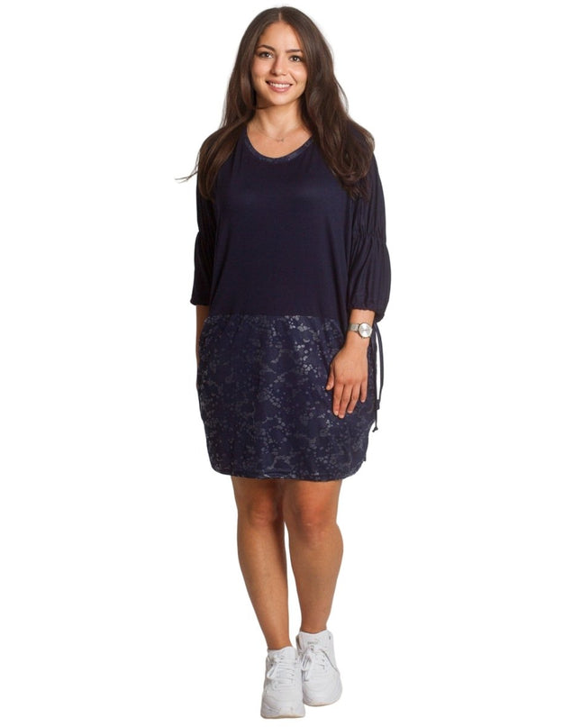 2XL,3XL,4XL,5XL Дълга тъмносиня туника тип рокля с джобове - Maxi Market