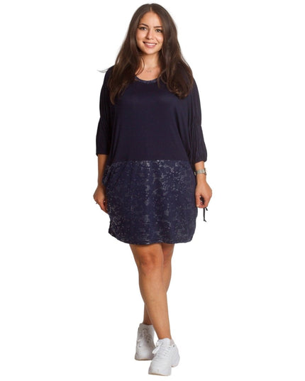 2XL,3XL,4XL,5XL Дълга тъмносиня туника тип рокля с джобове - Maxi Market