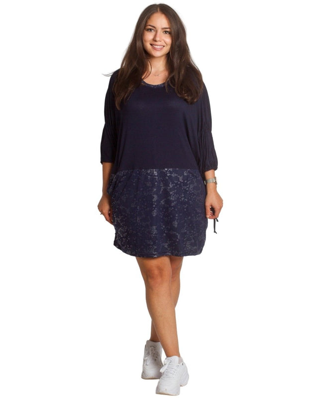 2XL,3XL,4XL,5XL Дълга тъмносиня туника тип рокля с джобове - Maxi Market